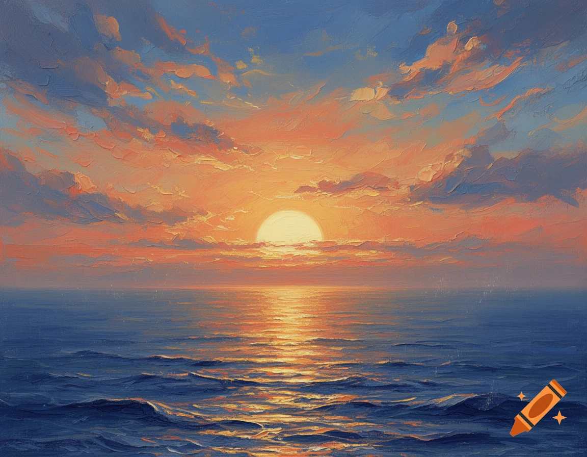 Oil painting style sunset over ocean with visible brushstrokes and sun reflecting on water.