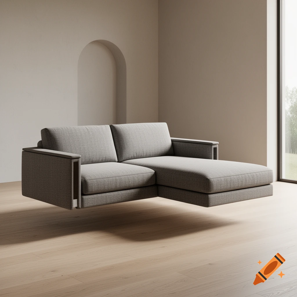 A photorealistic minimalist floating sectional sofa in a beige room with a wooden floor and arched alcove.