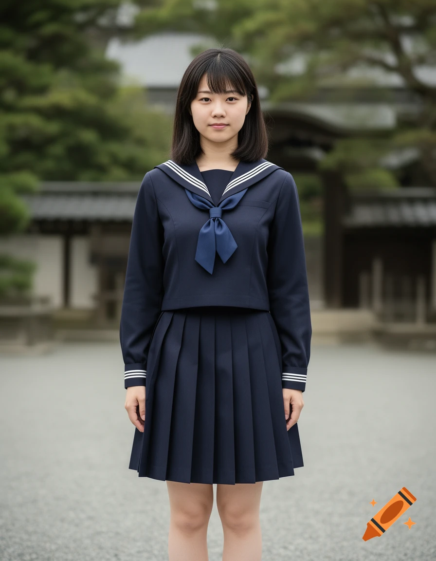 Full-body photorealistic portrait of a young Japanese woman wearing a traditional sailor school uniform outdoors.