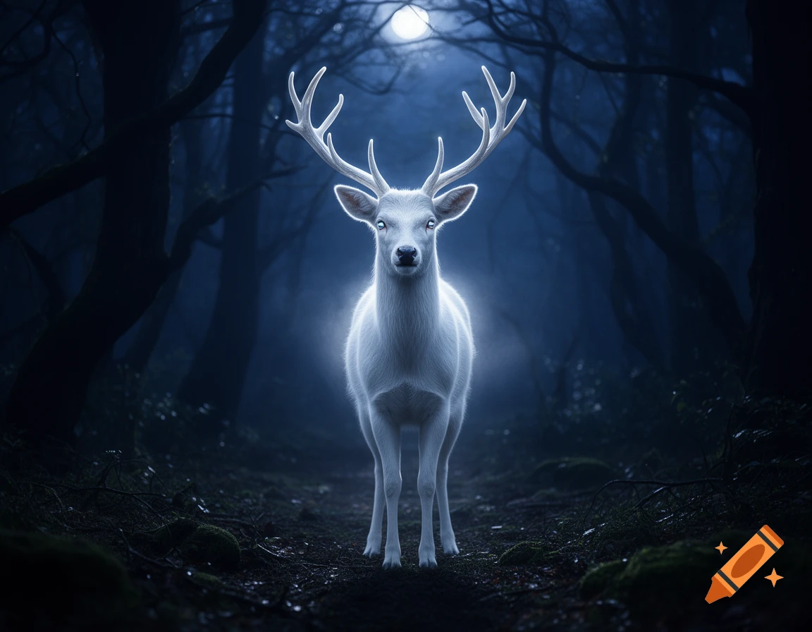 A glowing white deer spirit with antlers standing in a dark blue forest under a full moon.