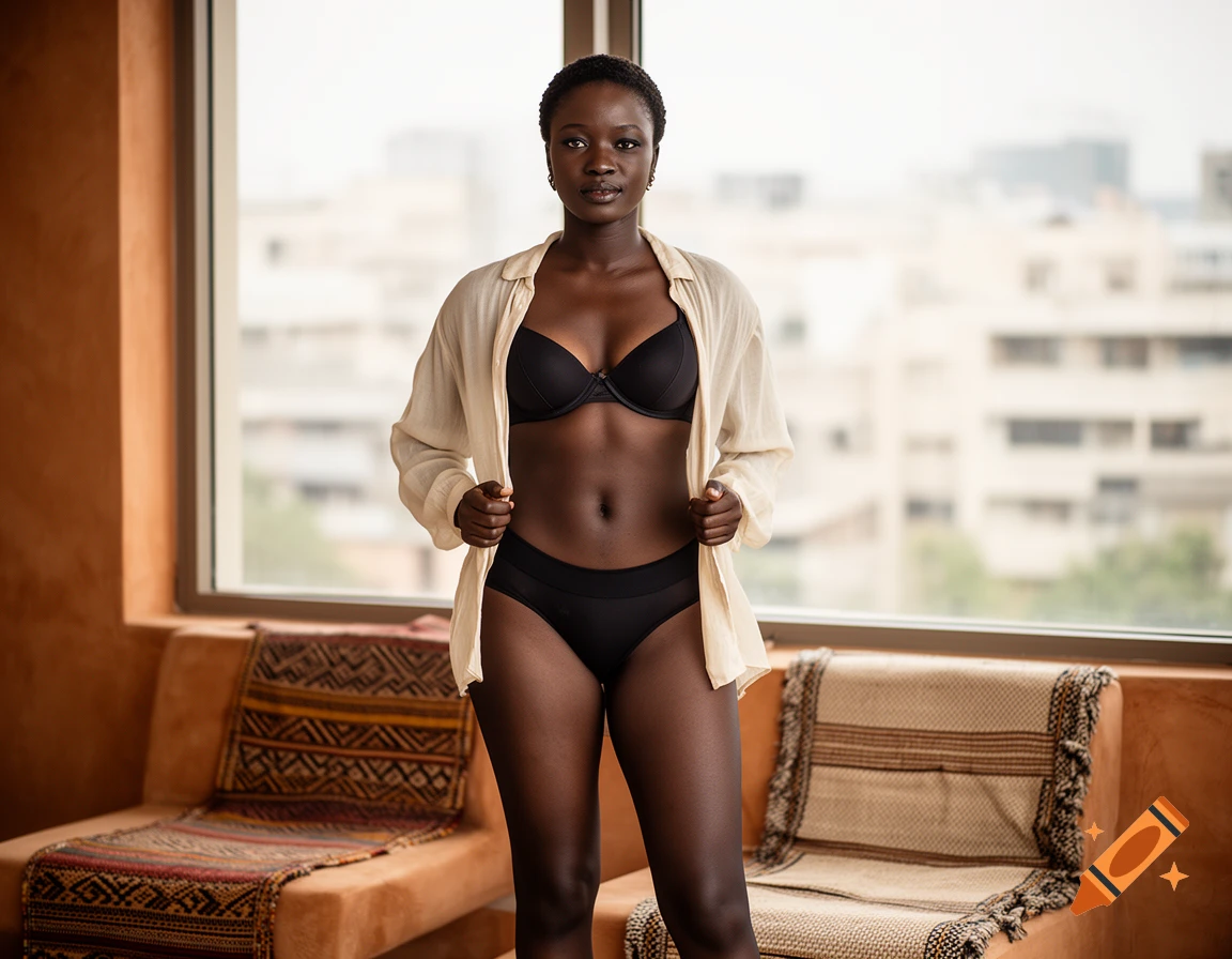Photorealistic portrait of a Black woman standing in a room wearing a black bra, panties, and an open white shirt.