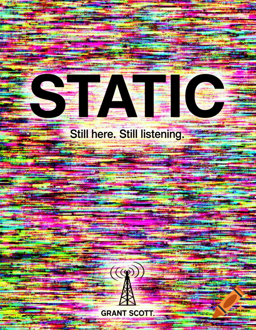 A book cover with chaotic television static noise, the word STATIC in large black letters, and a radio tower silhouette.