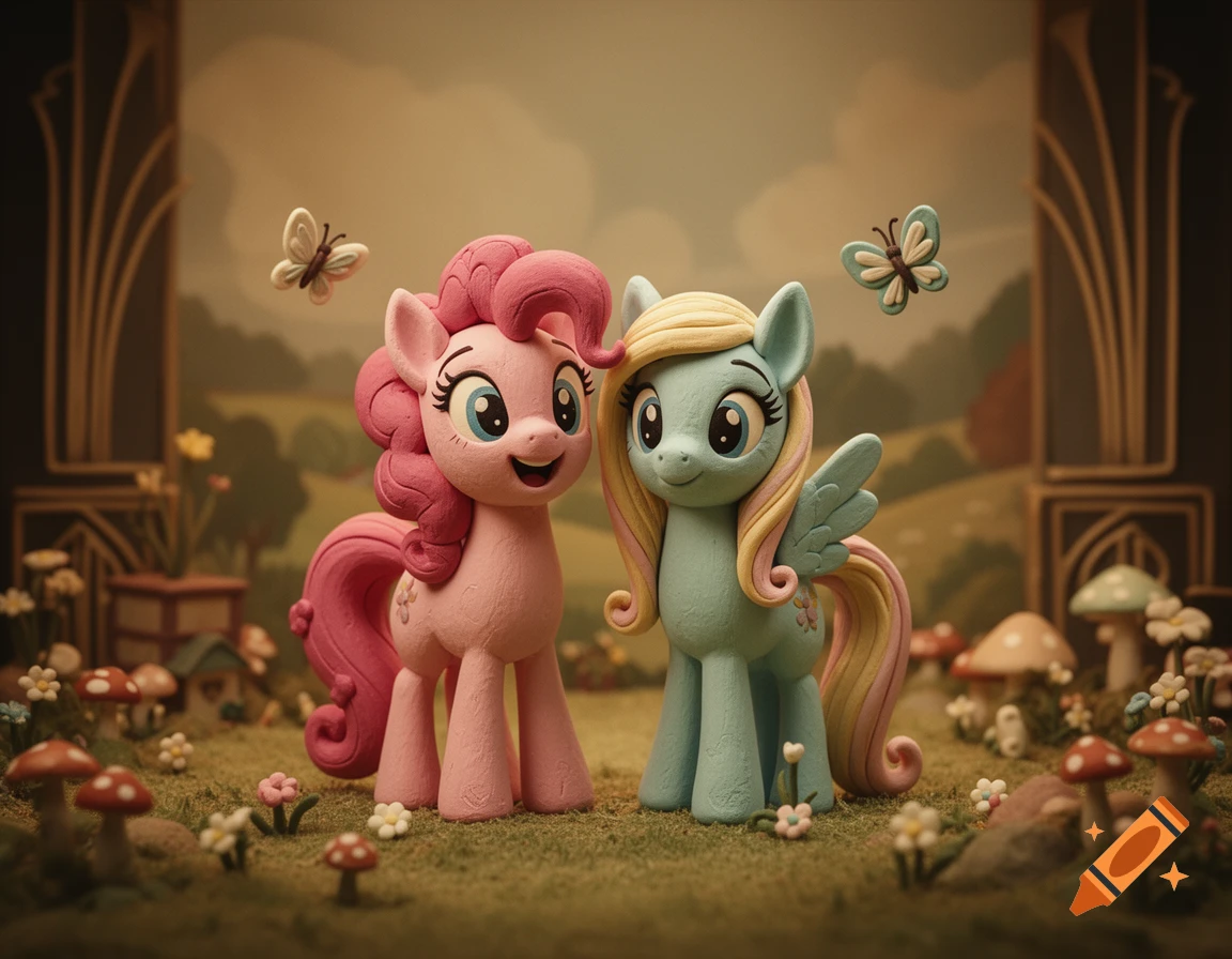Pinkie Pie and Fluttershy as vintage stop-motion claymation figures in a whimsical forest setting.