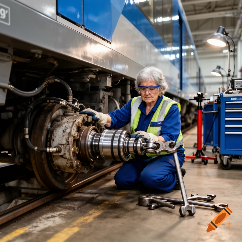 An elderly female mechanic in blue overalls and safety glasses repairing a train wheel in a workshop, photorealistic.