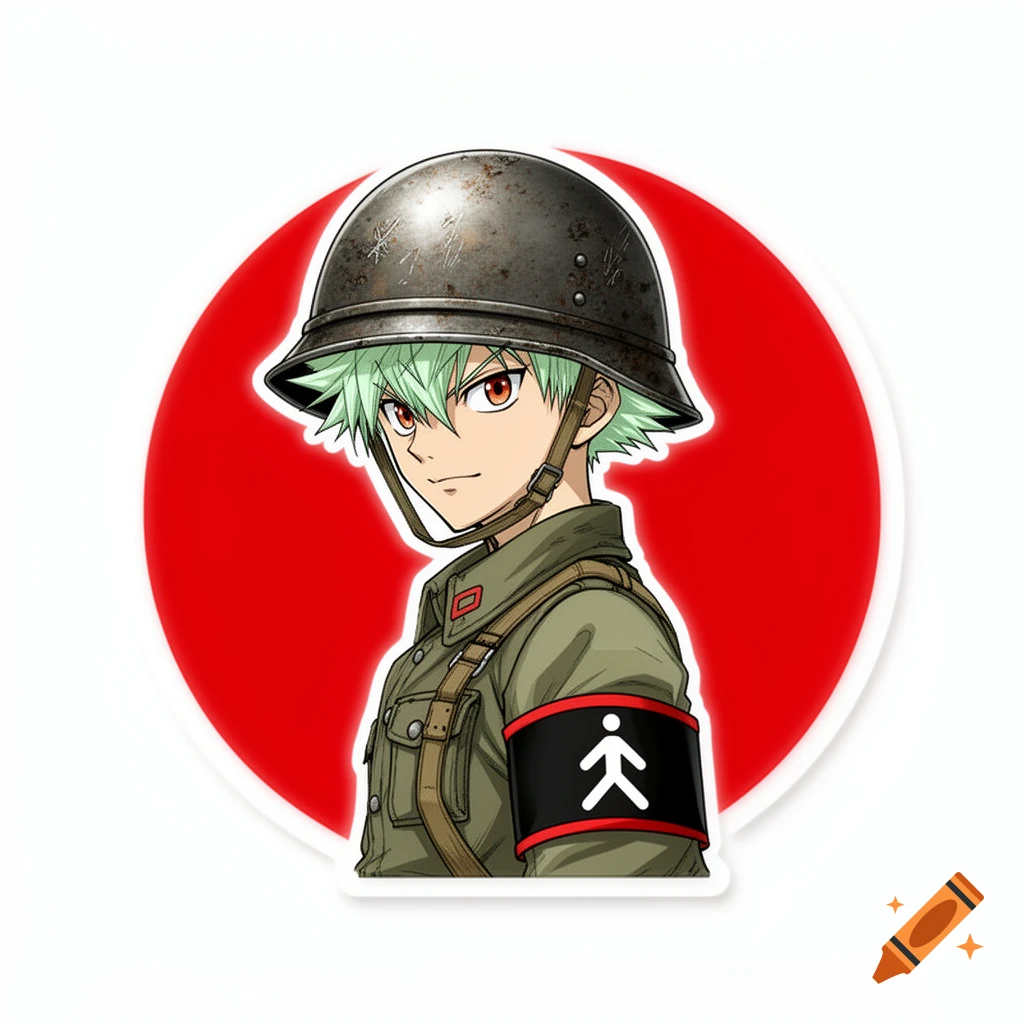 Digital anime style sticker of a young man with green hair wearing a WW2 style helmet and a red and black armband with a stick figure, against a red circle background.