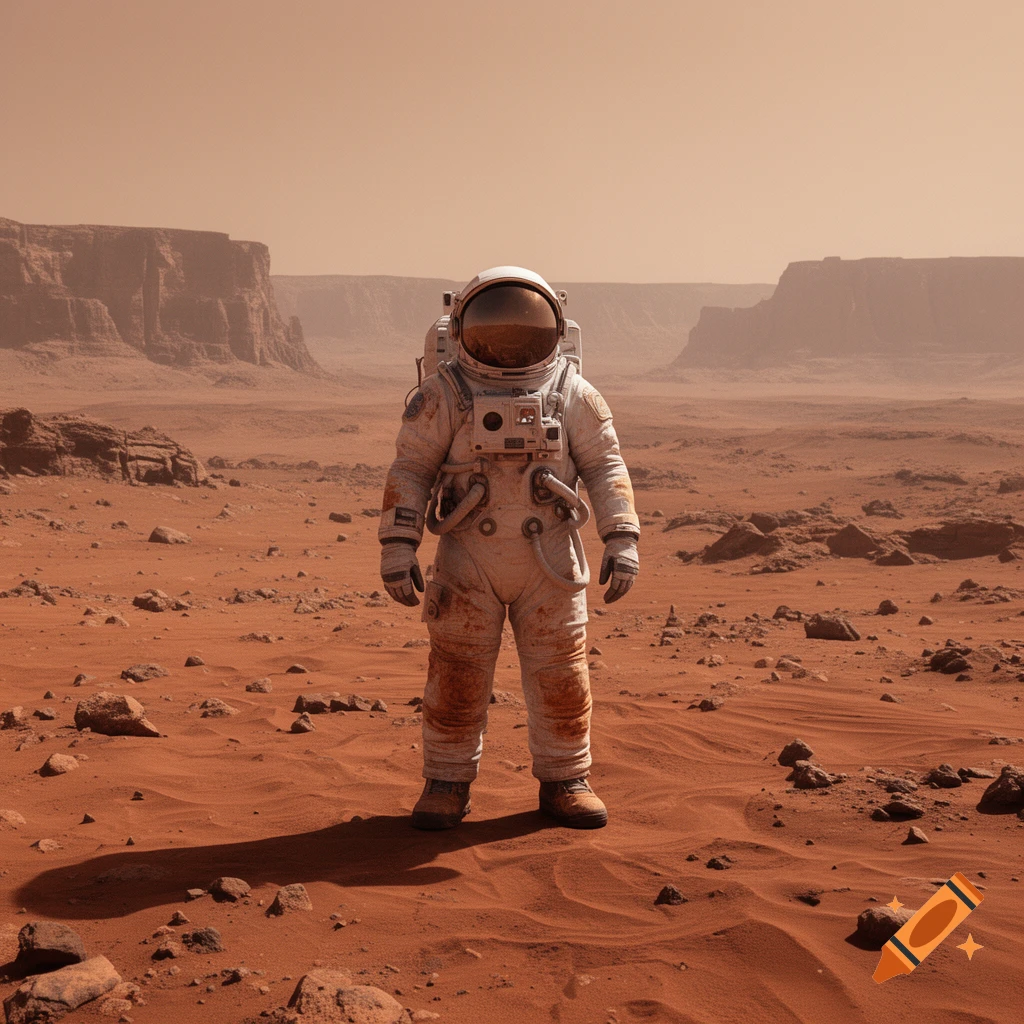 Photorealistic image of an astronaut in a white spacesuit standing on the dusty red surface of Mars with distant canyons.