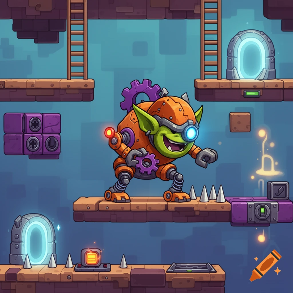 2D digital illustration of a mechanical goblin enemy in a video game platformer level with platforms, ladders, and portals.