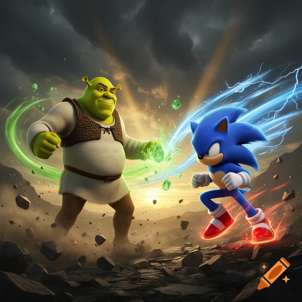 Digital illustration of Shrek facing off against Sonic the Hedgehog in a rocky landscape under a stormy sky.