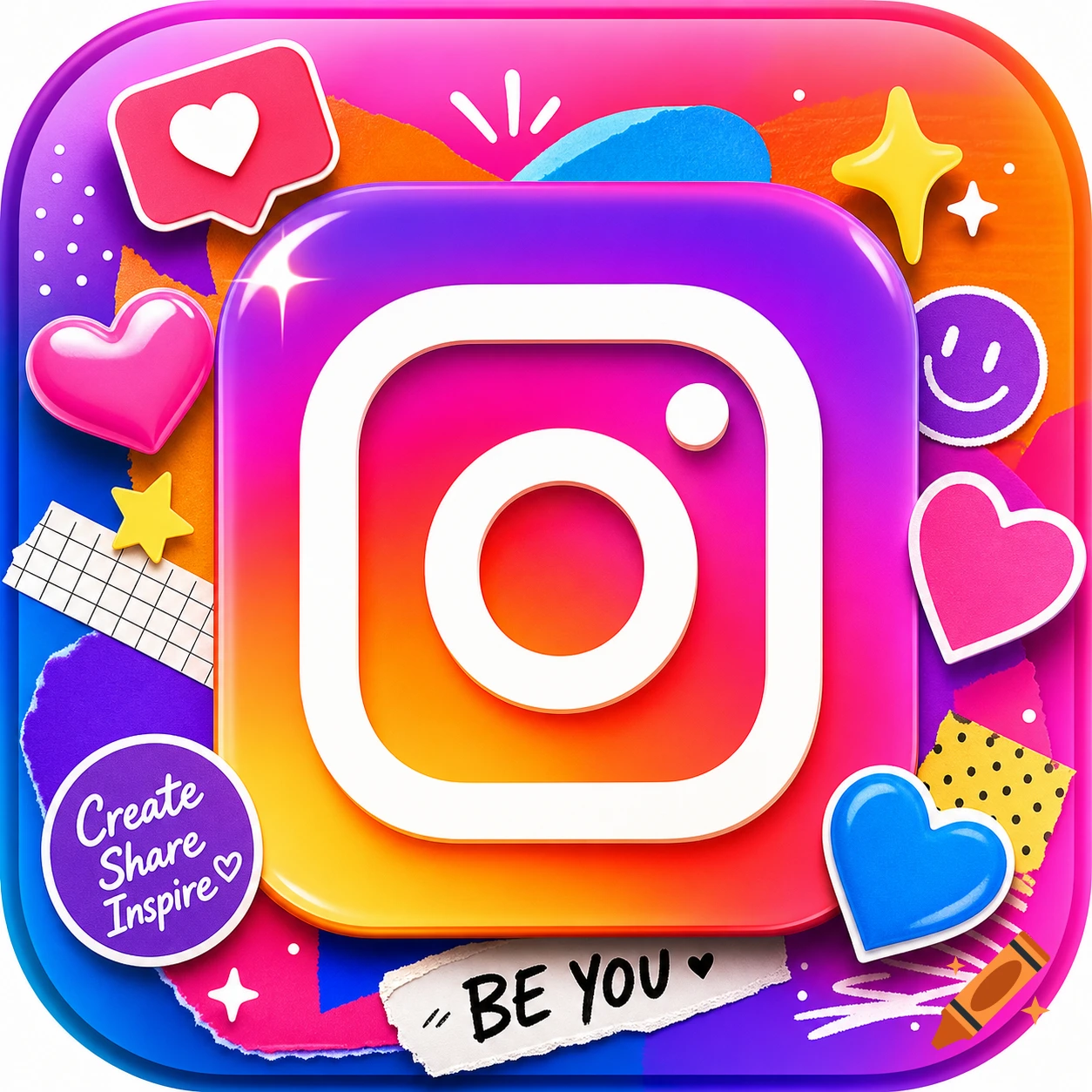 Vibrant, 3D dopamine-style Instagram logo surrounded by playful stickers, hearts, and colorful papercut textures.