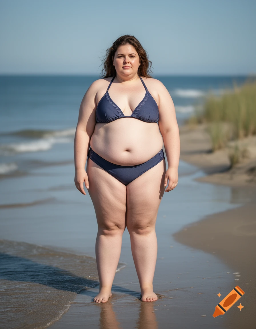 Photorealistic image of a woman in a blue bikini standing on a sandy beach by the ocean.