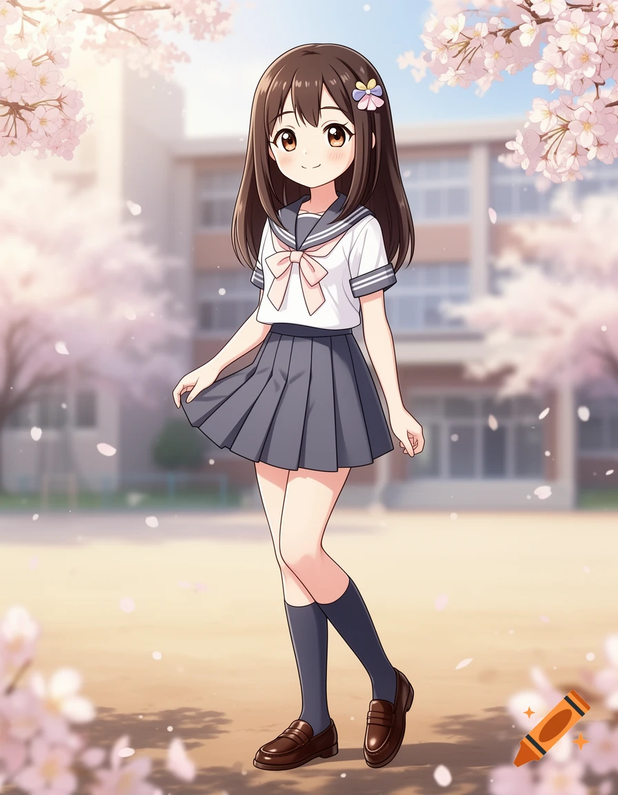 Anime style illustration of a smiling schoolgirl in a sailor uniform standing in front of a school building with cherry blossoms.