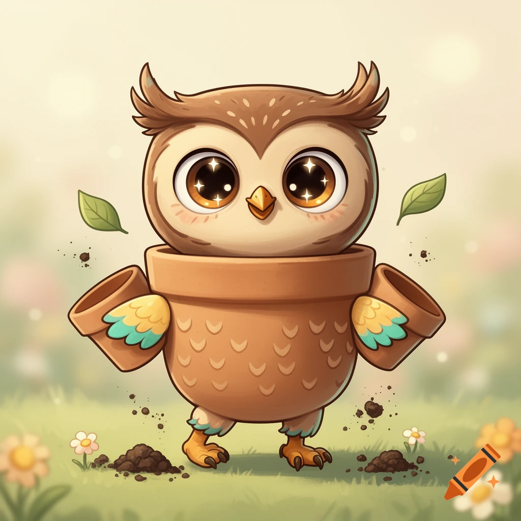 Cartoon illustration of a cute owl made of flower pots, standing in a grassy field with floating leaves.