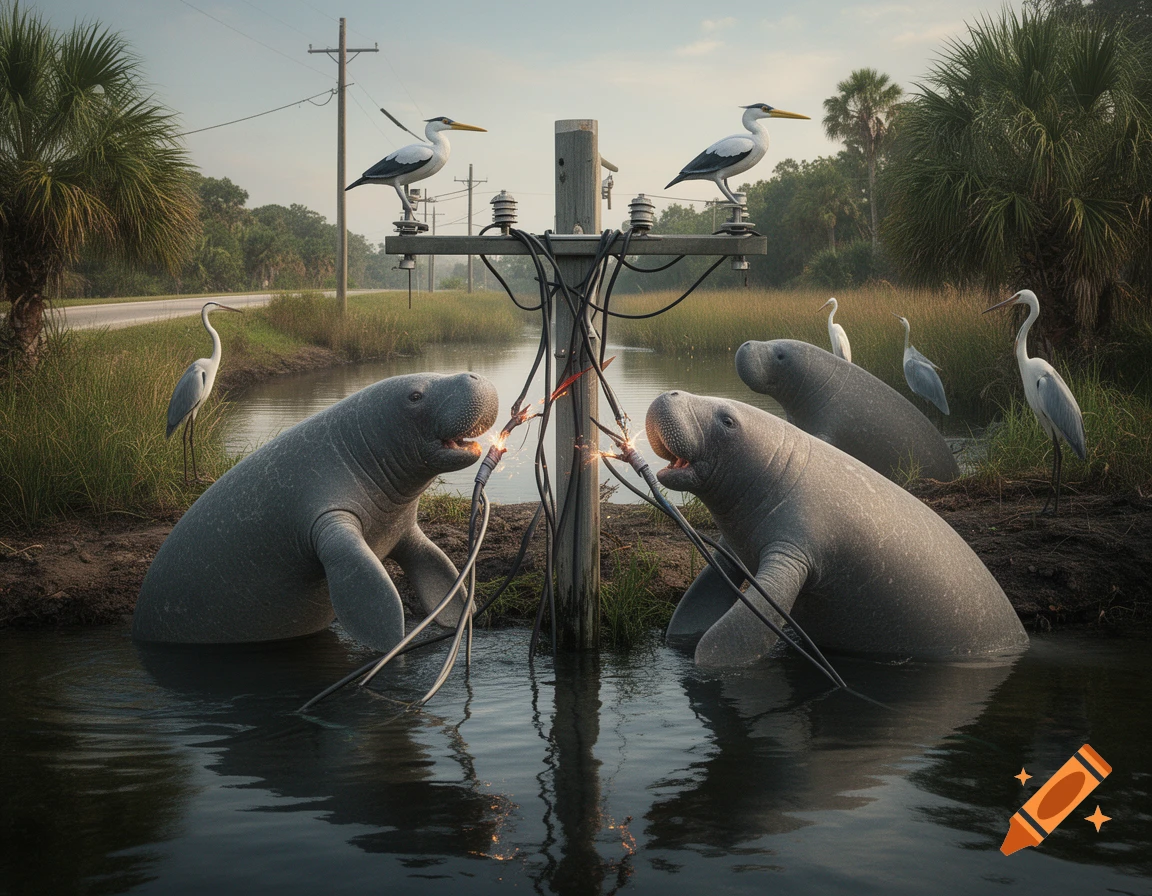 Photorealistic image of manatees in a canal chewing on power lines while birds perch on utility poles, set in a tropical swamp.