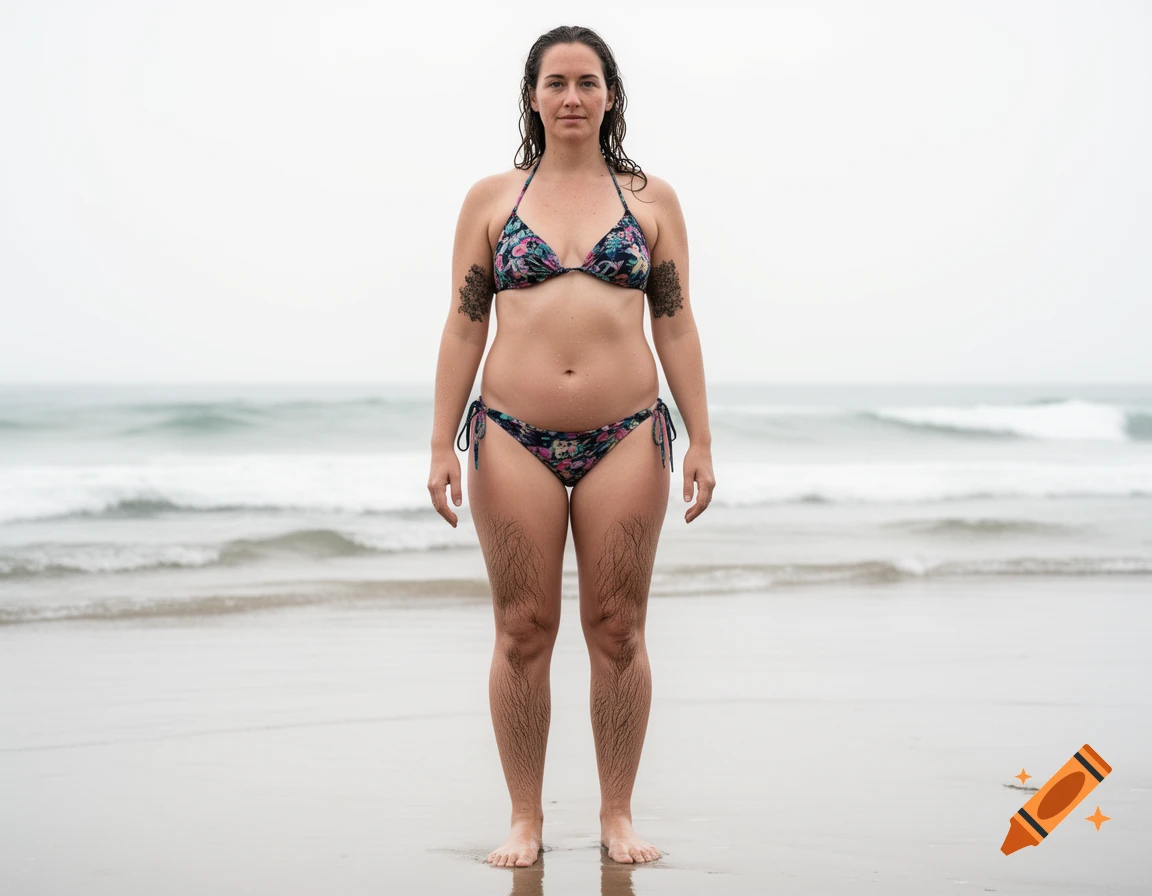Photorealistic image of a woman standing on a beach in a bikini.