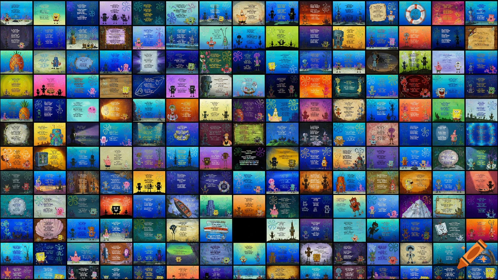 A collage grid of numerous SpongeBob SquarePants end credits scenes showing various characters and text credits.