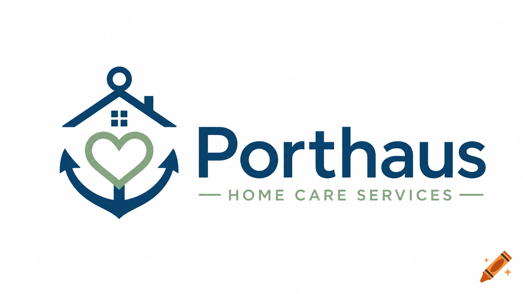 Minimalist vector logo for Porthaus home care services featuring a blue anchor, a house roof, and a soft sage green heart.
