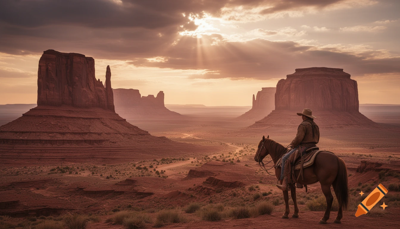 Photorealistic sunset landscape of Monument Valley with a lone cowboy on horseback in the foreground, cinematic lighting.