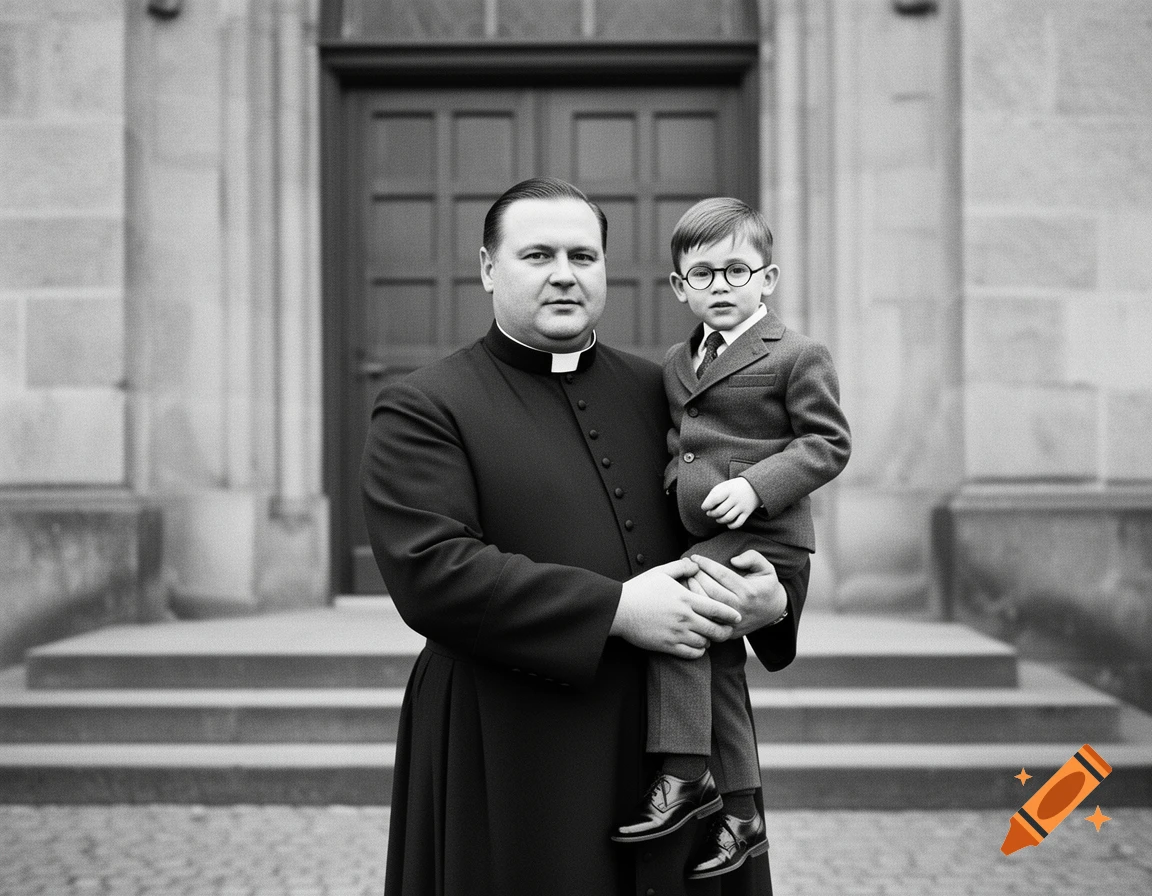 Black and white 1960s style photograph of a corpulent German priest holding a young boy in glasses outside a church.