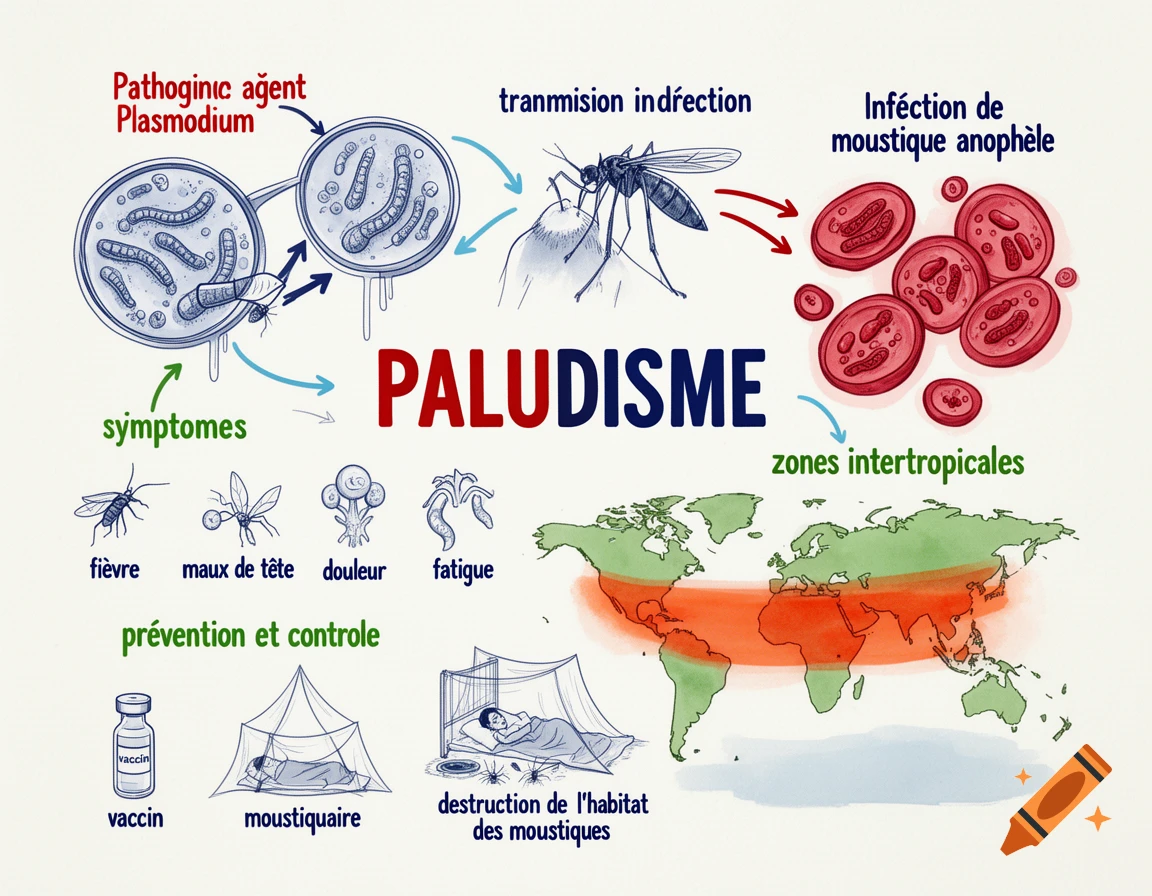 Educational sketchnote about malaria detailing pathogen, transmission, symptoms, and prevention with hand-drawn illustrations and French text.