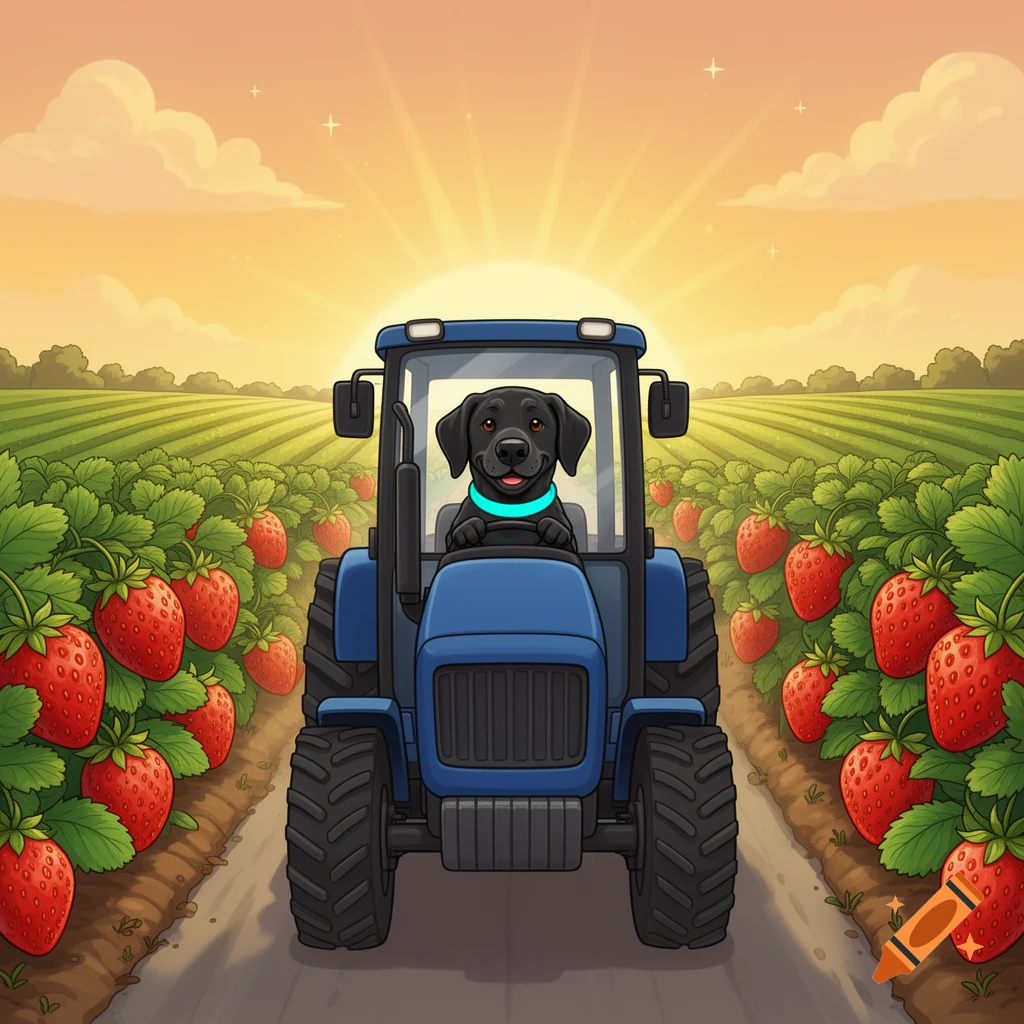 Cartoon illustration of a black labrador driving a blue tractor down a path through a giant strawberry field at sunrise.