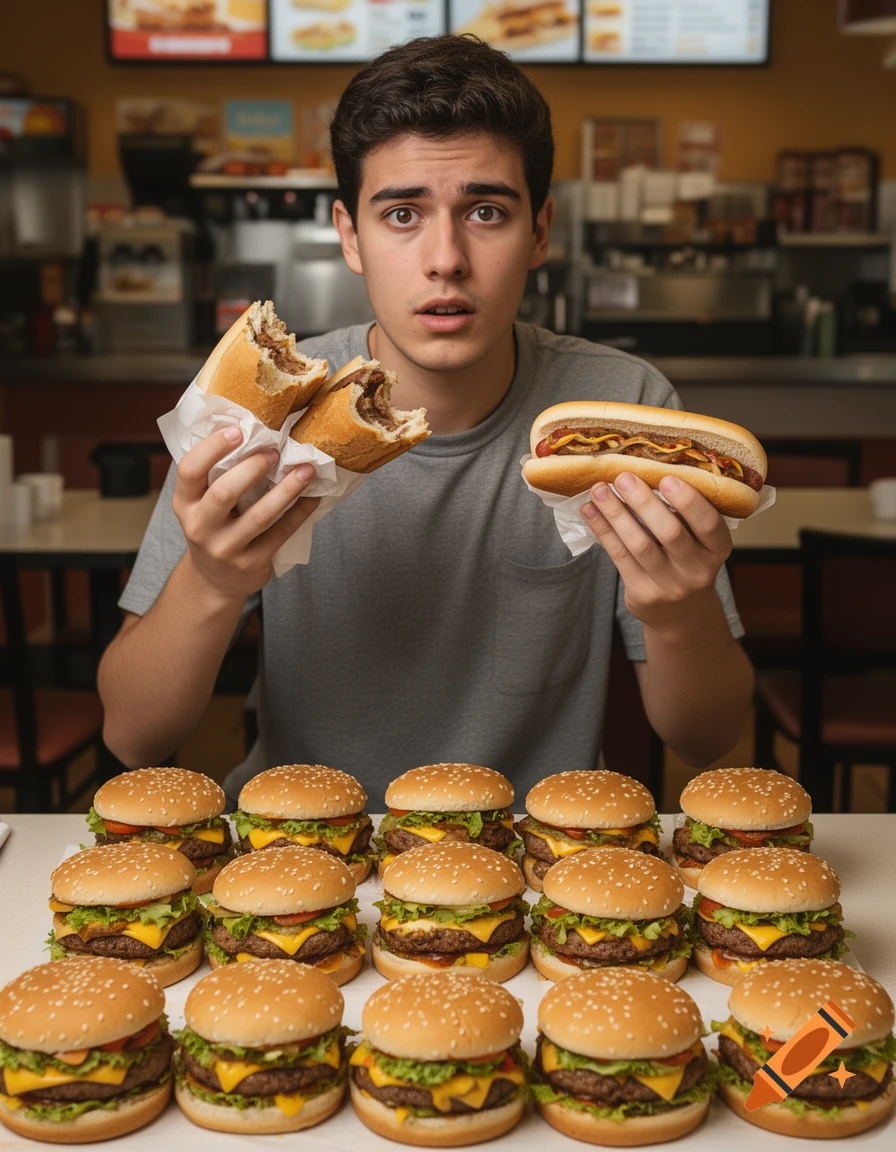Photorealistic image of a young man holding a broken sandwich and a hotdog, with numerous burgers on a table in front of him.