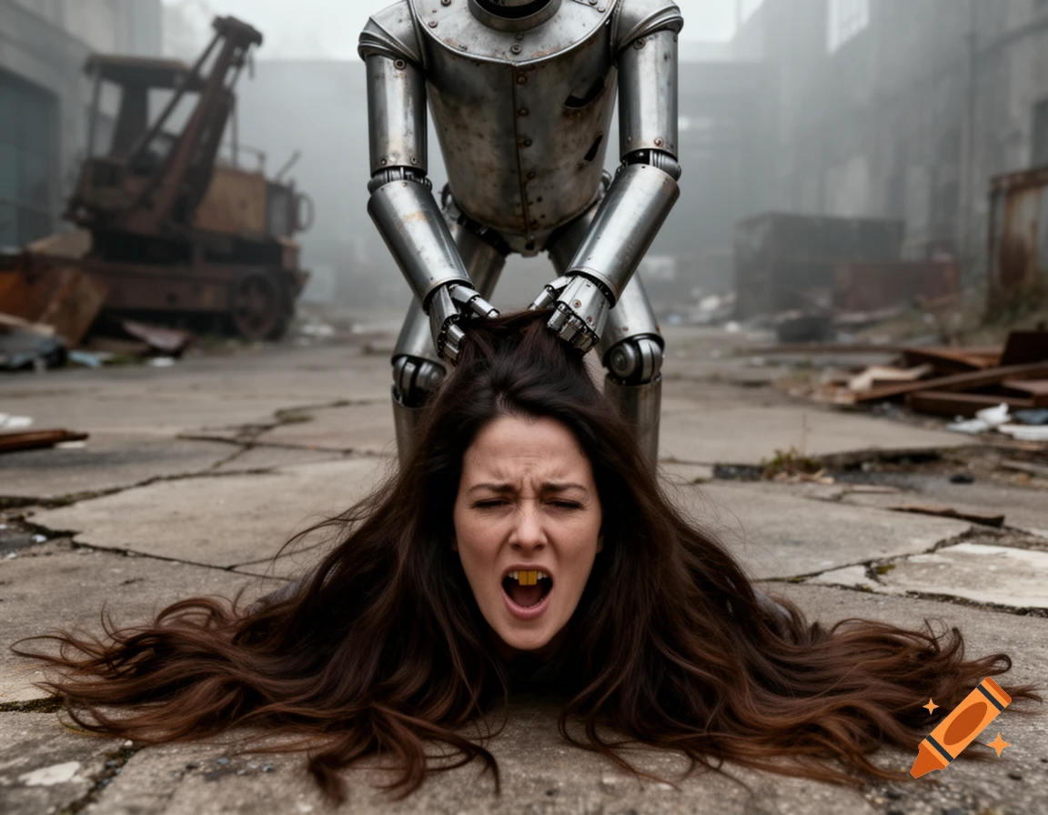 Photorealistic image of a metal robot dragging a screaming woman by her hair on concrete outdoors.