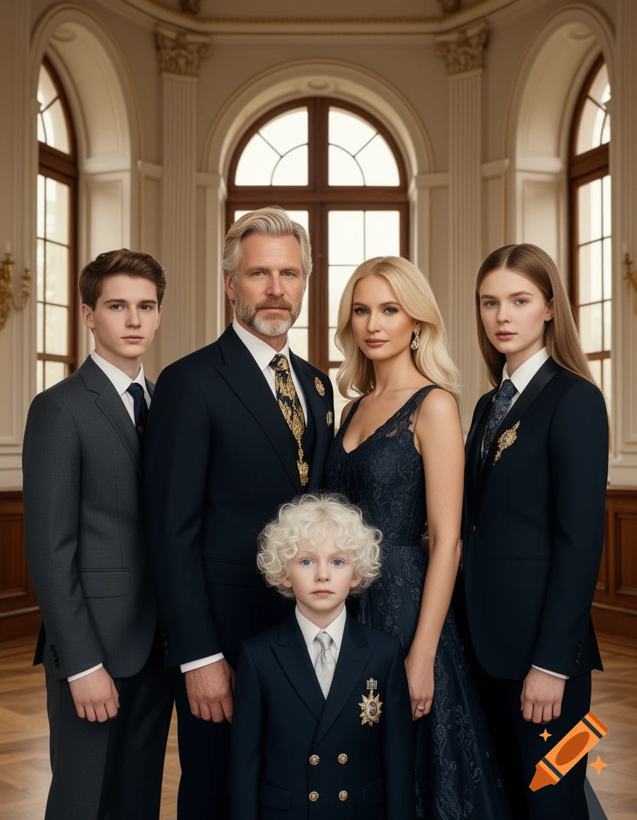 Photorealistic portrait of a royal family consisting of a king, queen, older twins, and a young child in a palace interior.