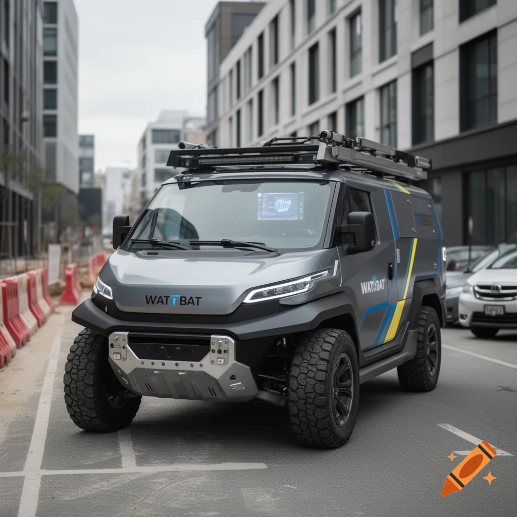 Photorealistic image of a rugged, futuristic gray van styled as the Watibatmobile parked on a city street.