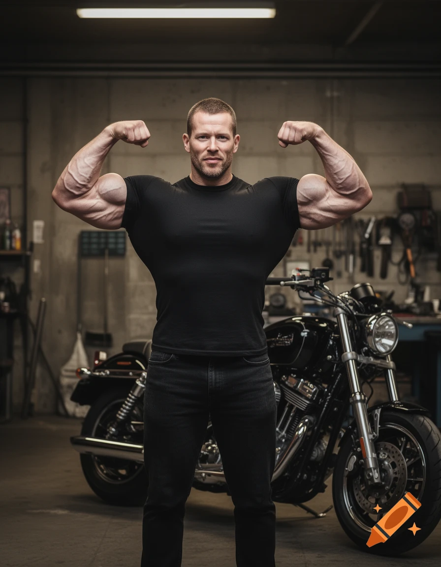 Photorealistic image of a muscular man in a black shirt and jeans flexing his biceps in front of a motorcycle in a garage.