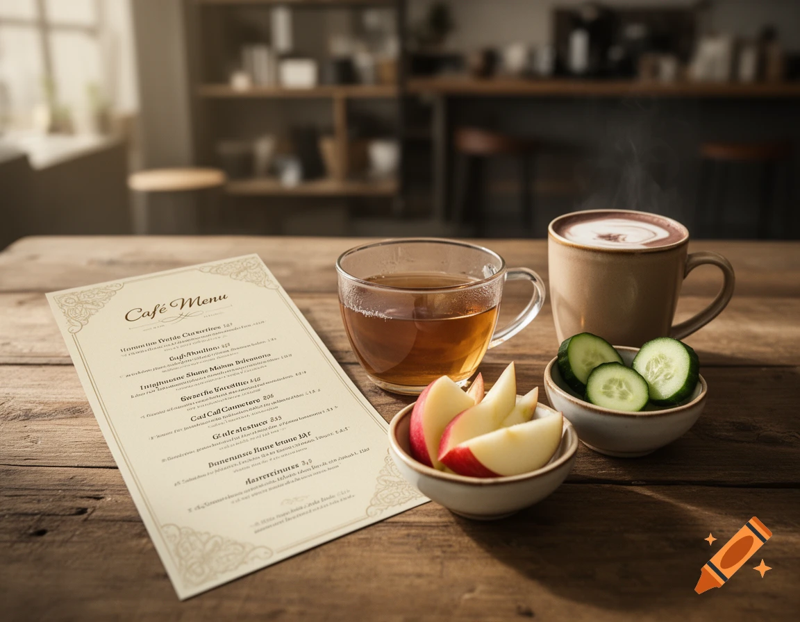 Photorealistic image of a cozy cafe menu card on a wooden table next to a glass of tea, a mug of hot chocolate, and bowls of fruit and vegetables.
