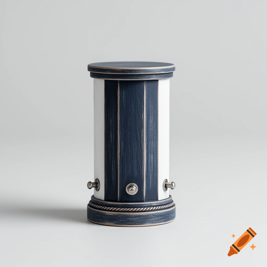 A cylindrical wooden snow globe base with blue and white stripes and metallic knobs on a light grey background.