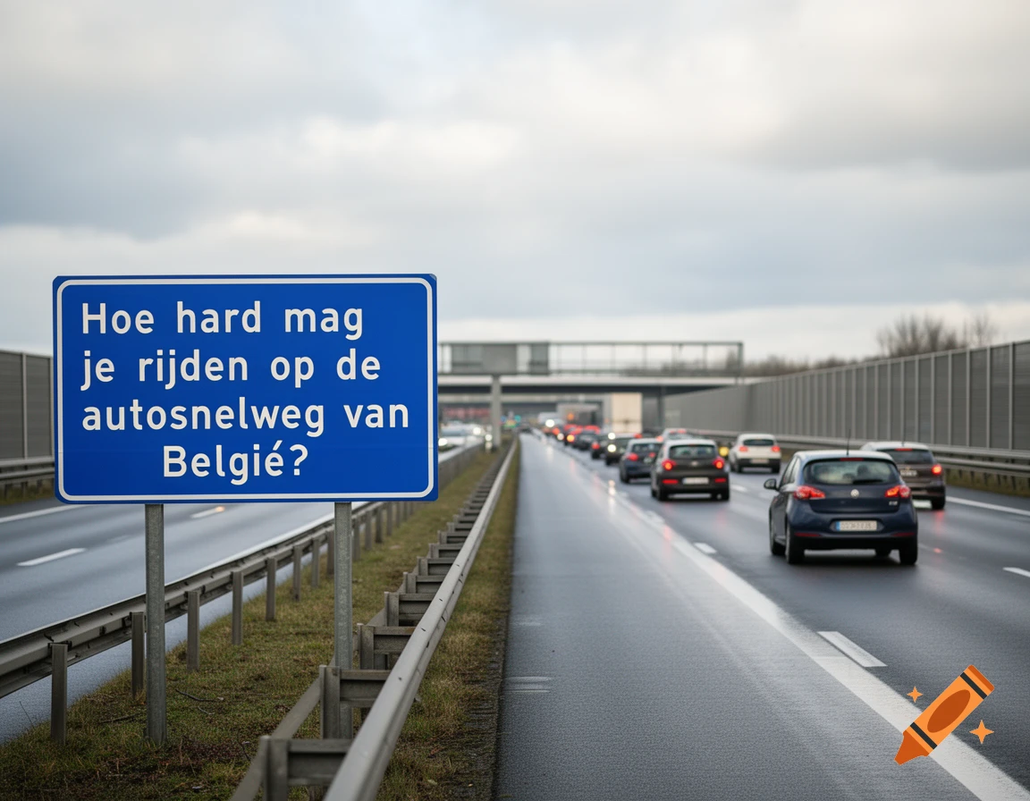 Photorealistic image of a blue road sign on a highway in Belgium with Dutch text, overlooking traffic.