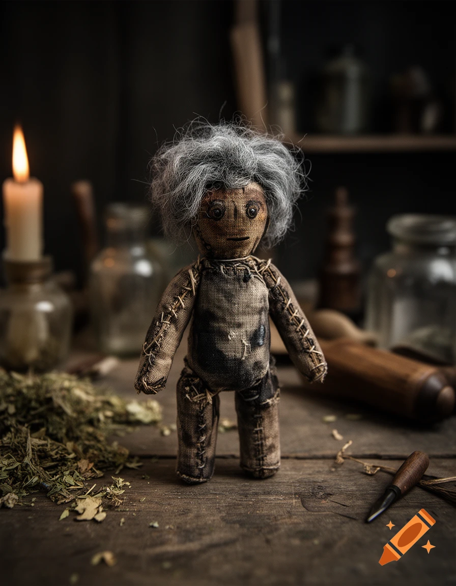 Close-up photorealistic shot of a handmade voodoo doll with gray hair standing on a wooden table.