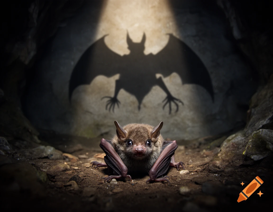 Photorealistic small, timid bat on cave floor with a large, menacing shadow cast on the wall behind it.