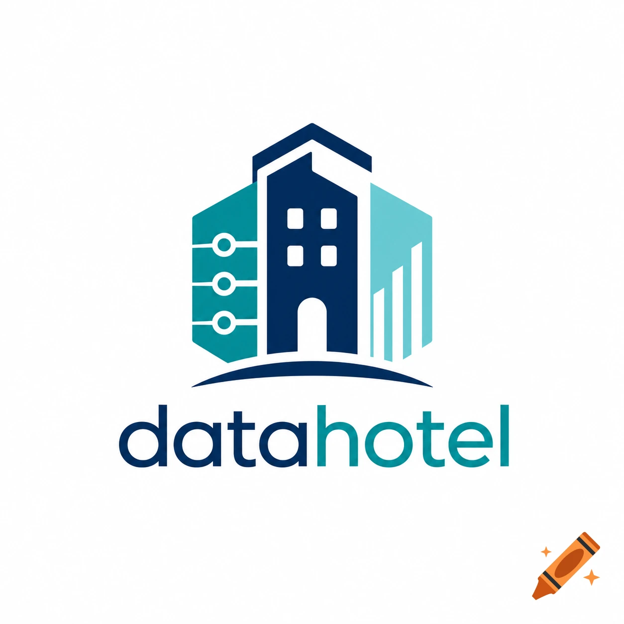 A modern flat logo for 'datahotel' featuring a stylized blue and teal building with data nodes and charts.