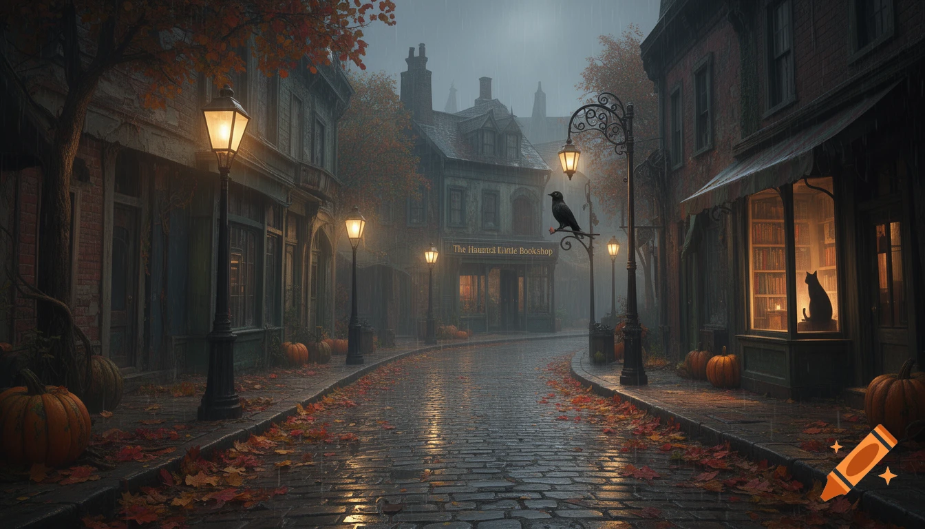 Wet cobblestone street on a rainy autumn evening, lined with Victorian buildings, glowing street lamps, pumpkins, and a bookshop with a cat in the window.