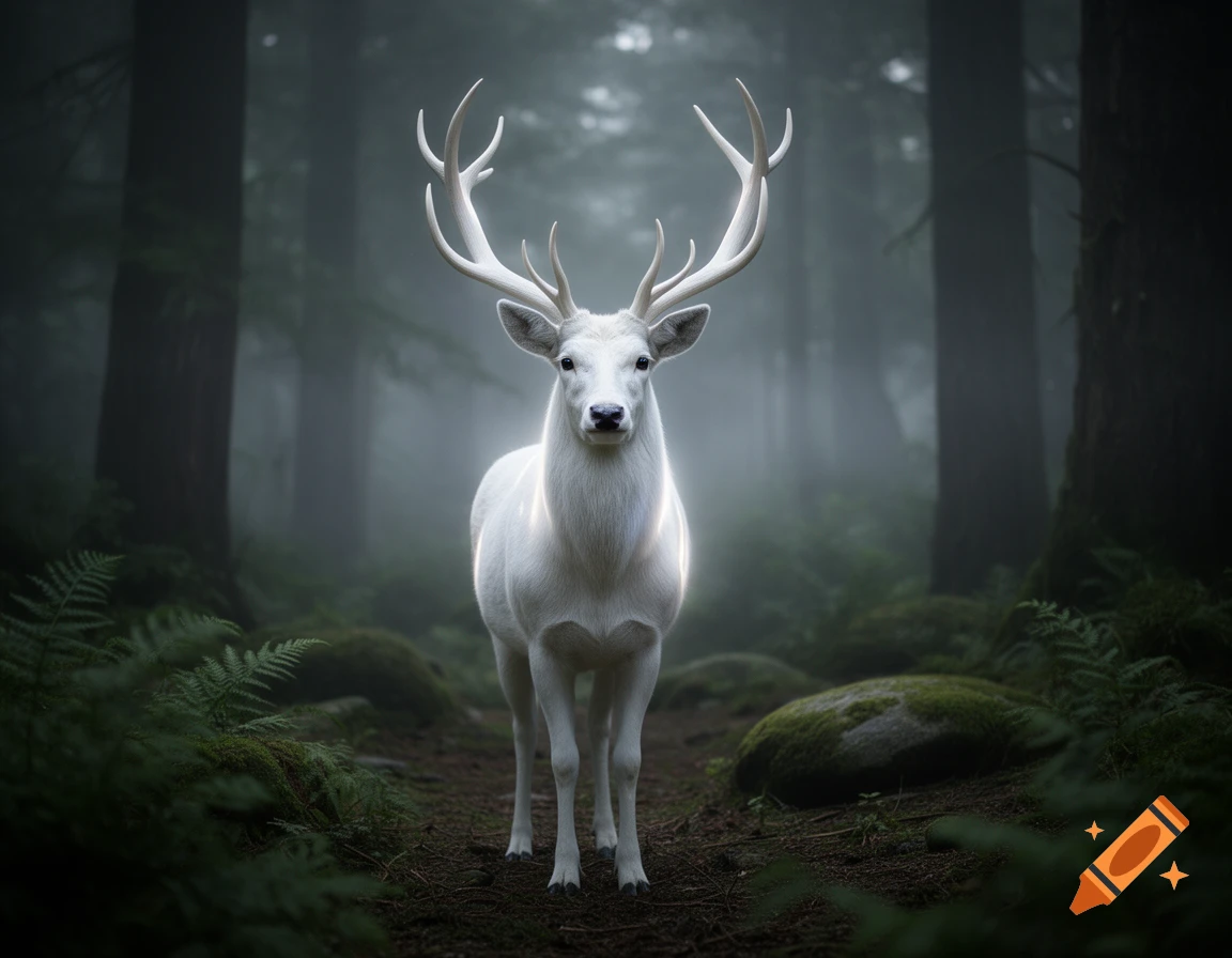 Photorealistic glowing white deer with large antlers standing in a misty forest.
