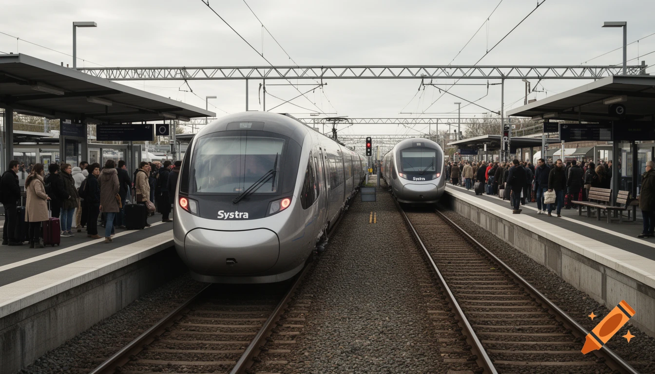 Photorealistic image of a crowded train station platform with two silver Systra trains on the tracks.