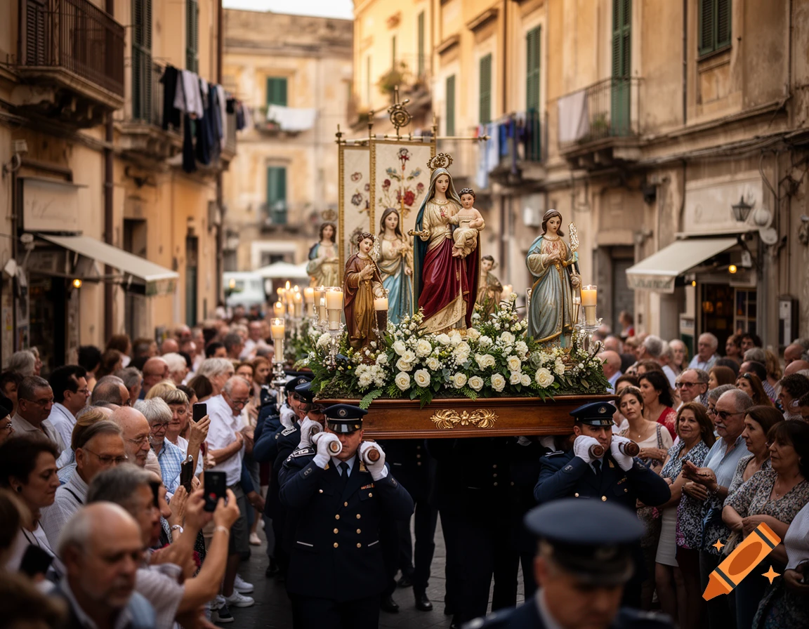 Photorealistic scene of a religious procession carrying statues of the Madonna and Child through a crowded Italian street.