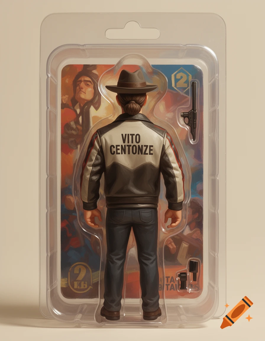An action figure of a man in a jacket with 'Vito Centonze' on the back, inside plastic packaging.