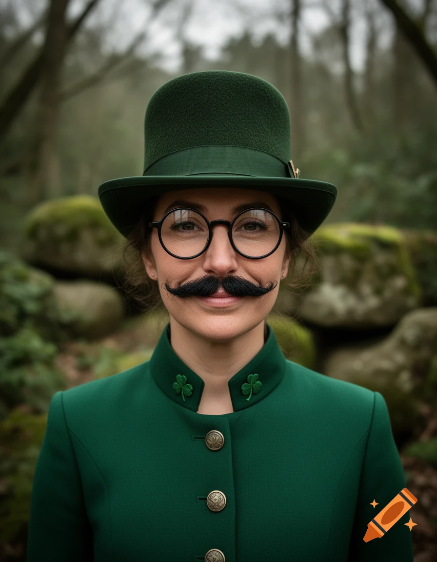 Photorealistic portrait of a woman wearing a green top hat, round black glasses, and a thick black mustache, set outdoors in a forest.