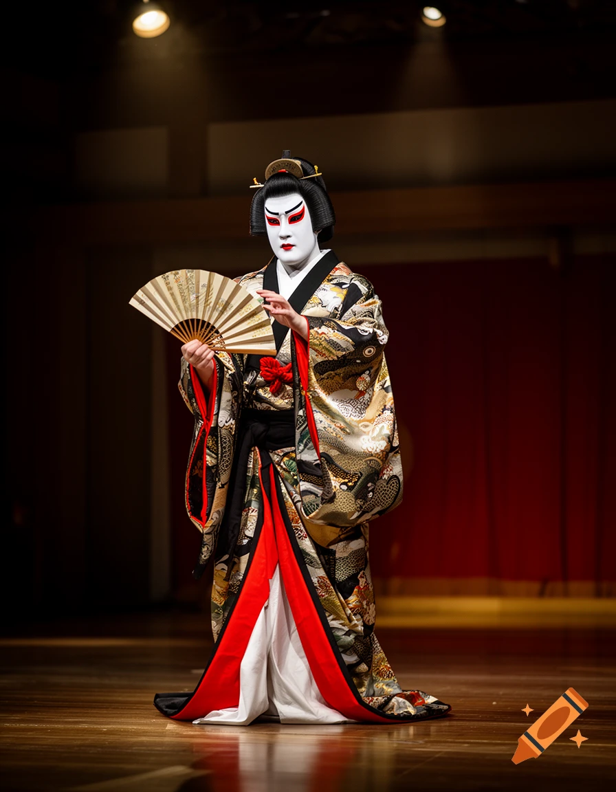 A full-body shot of a traditional Kabuki performer in ornate stage costume and white makeup, holding a decorative fan on a stage.
