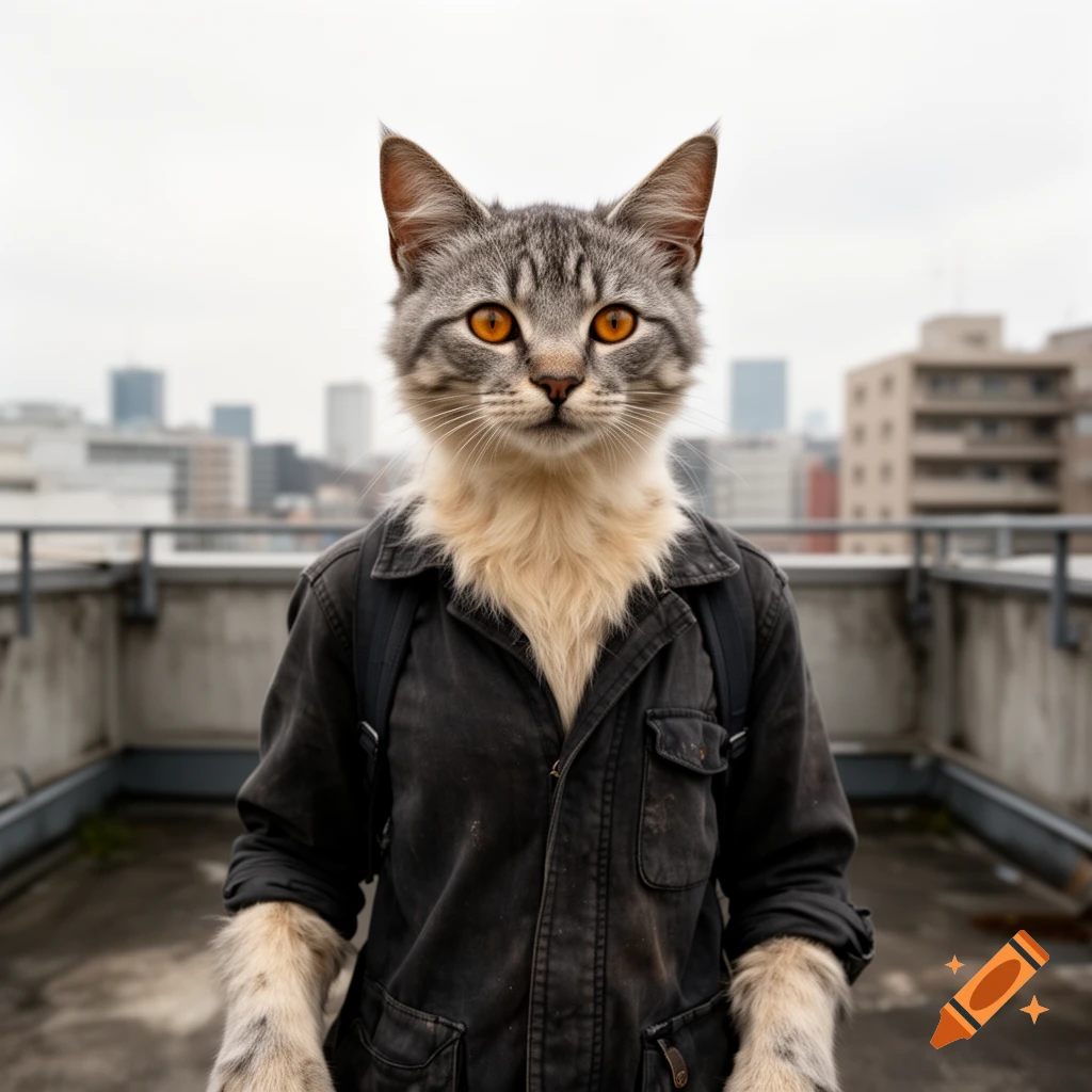 Photorealistic portrait of a cat hybrid with a human-like body wearing a jacket on a city rooftop.