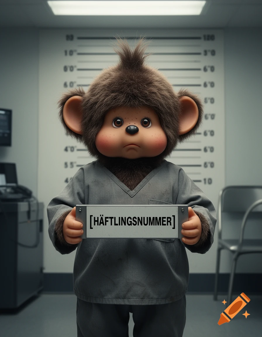Photorealistic image of a brown furry Monchichi character wearing a grey prisoner uniform and holding a sign with German text in a lineup room.