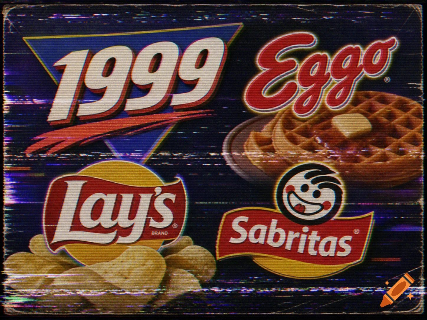 Retro 1990s style graphic with Eggo, Lay's, and Sabritas brand logos and a plate of waffles and chips, with heavy VHS glitch effects.