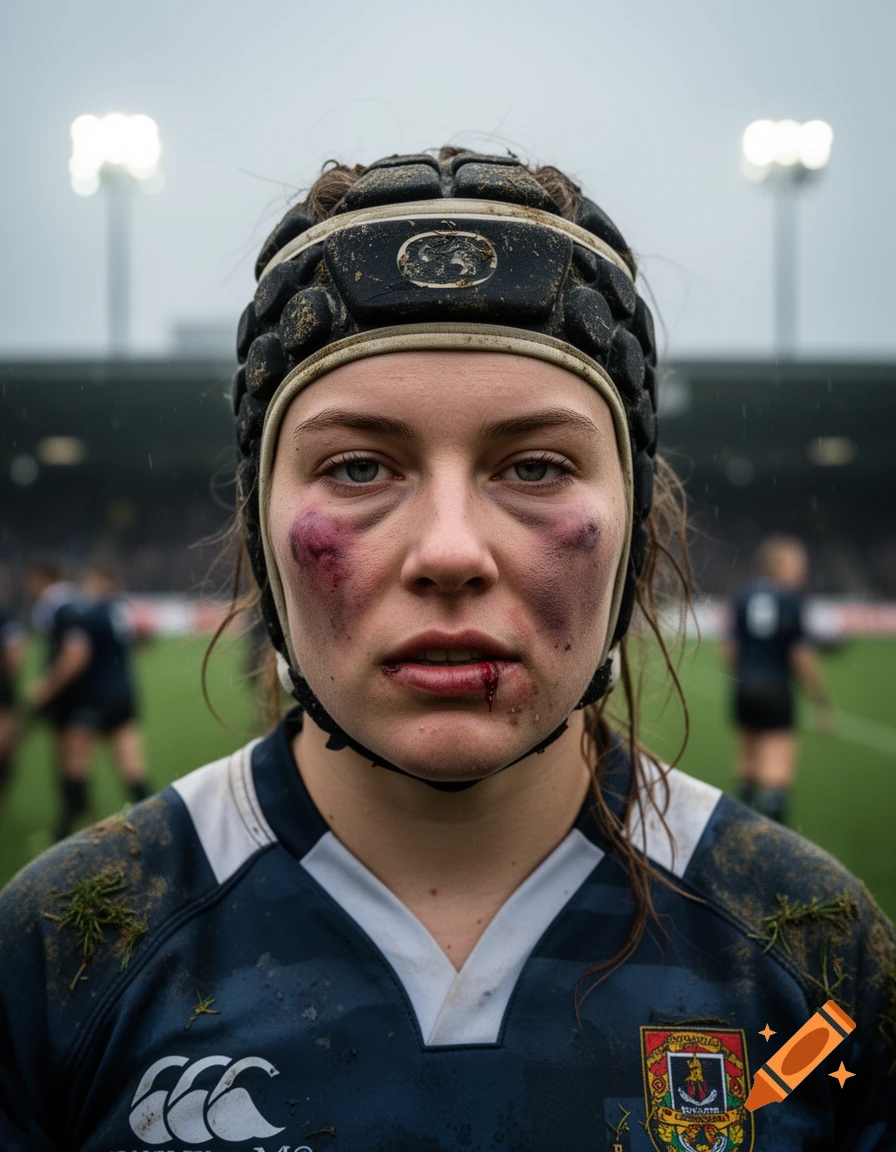 Close-up photorealistic portrait of a female rugby player with mud and bruises on her face, wearing a scrum cap.