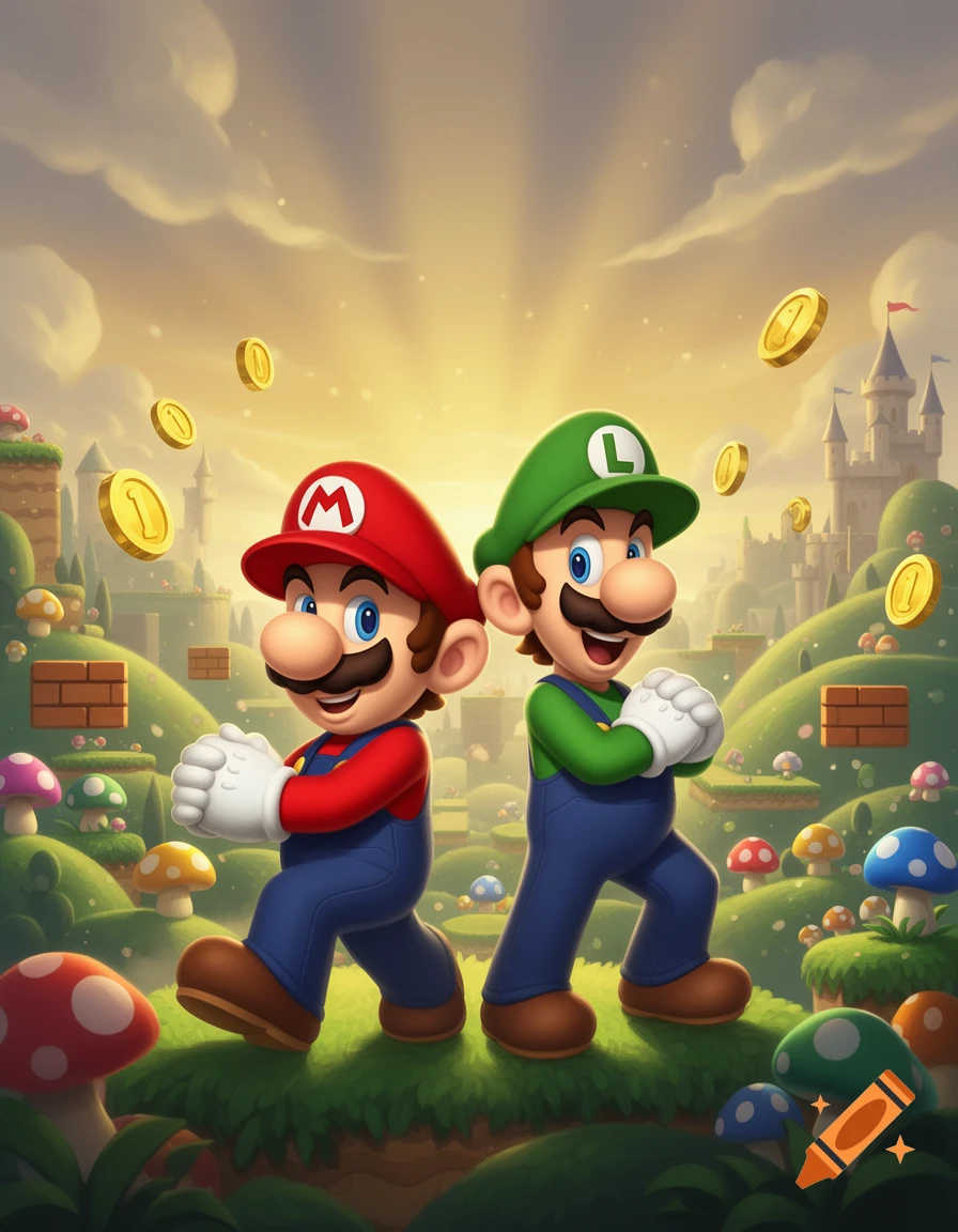 Mario and Luigi standing back-to-back in a vibrant Mushroom Kingdom landscape with castles, coins, and mushrooms, 3D render style.