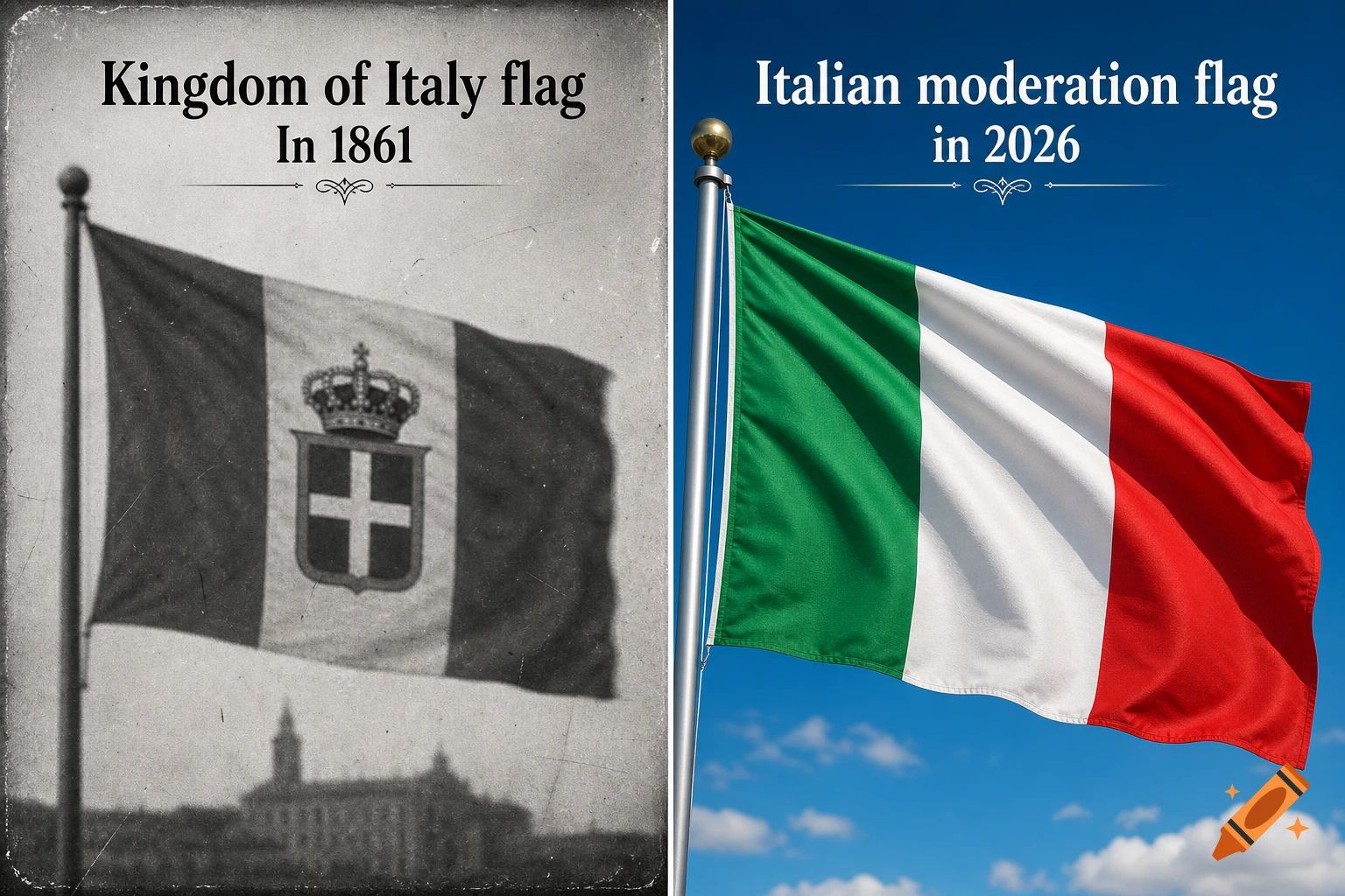 Split comparison showing a vintage black and white photo of the 1861 Kingdom of Italy flag on the left and a modern photo of the Italian flag on the right.