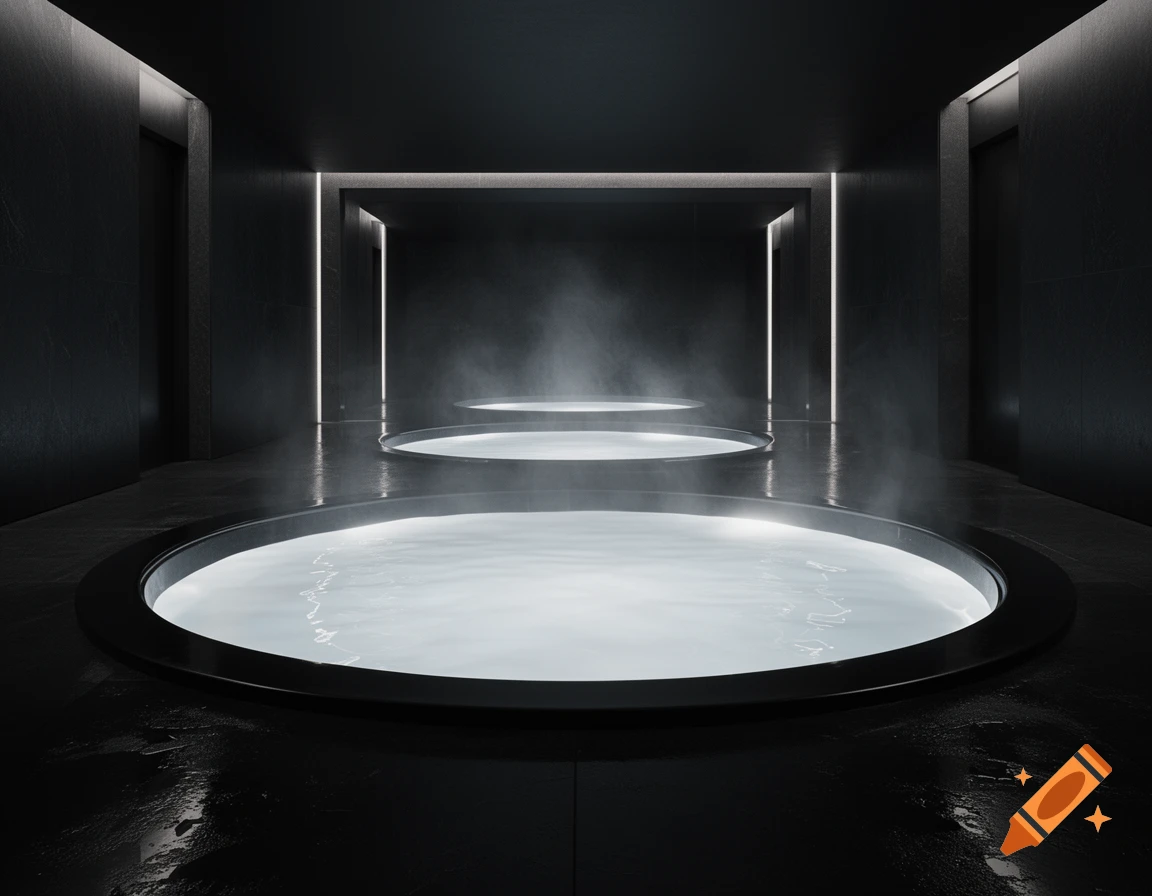 Photorealistic dark minimalist spa interior with three glowing circular hot tubs filled with steaming white water.