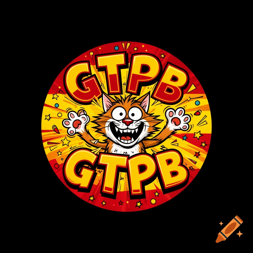 2D cartoon illustration of a wild, hyperactive cat inside a vibrant circular badge with the text GTPB.